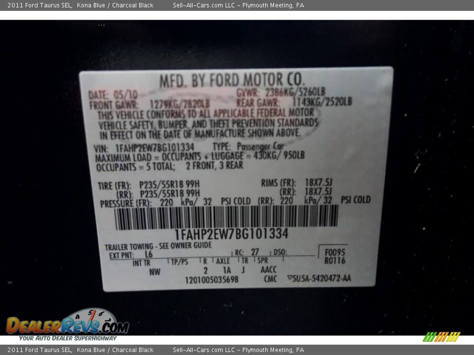 2011 Ford Taurus SEL Kona Blue / Charcoal Black Photo #14