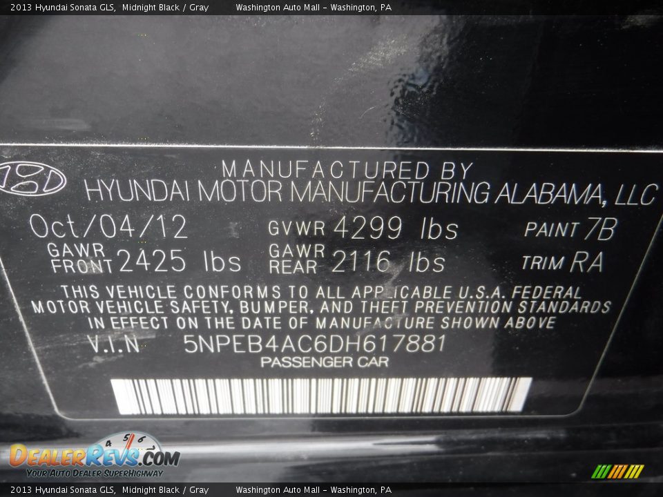 2013 Hyundai Sonata GLS Midnight Black / Gray Photo #19