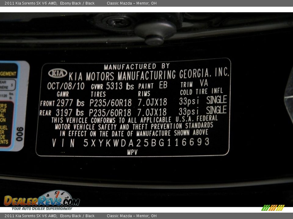 2011 Kia Sorento SX V6 AWD Ebony Black / Black Photo #19