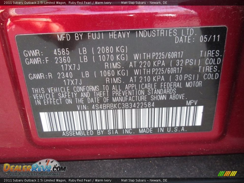 2011 Subaru Outback 2.5i Limited Wagon Ruby Red Pearl / Warm Ivory Photo #29