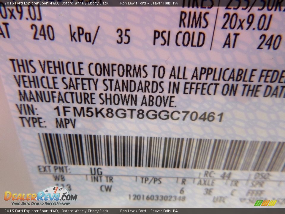 2016 Ford Explorer Sport 4WD Oxford White / Ebony Black Photo #15