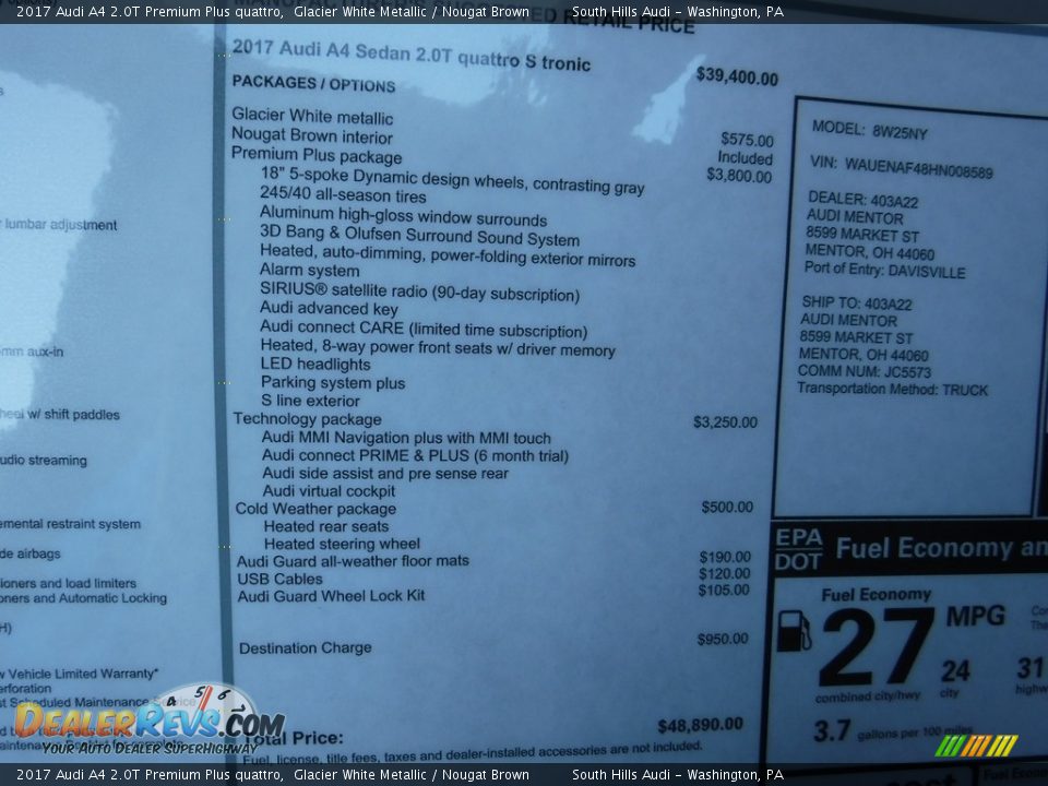 2017 Audi A4 2.0T Premium Plus quattro Glacier White Metallic / Nougat Brown Photo #16