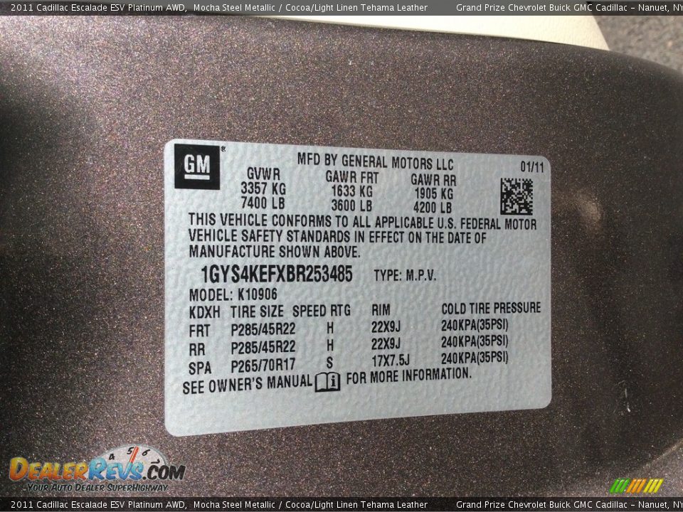 2011 Cadillac Escalade ESV Platinum AWD Mocha Steel Metallic / Cocoa/Light Linen Tehama Leather Photo #19