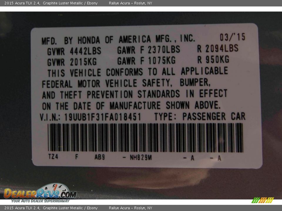 2015 Acura TLX 2.4 Graphite Luster Metallic / Ebony Photo #18