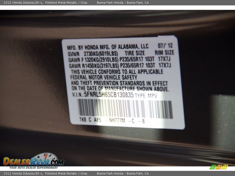 2012 Honda Odyssey EX-L Polished Metal Metallic / Gray Photo #35