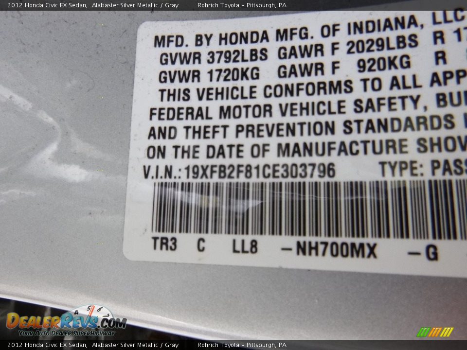 2012 Honda Civic EX Sedan Alabaster Silver Metallic / Gray Photo #10