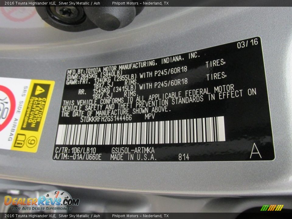 2016 Toyota Highlander XLE Silver Sky Metallic / Ash Photo #36