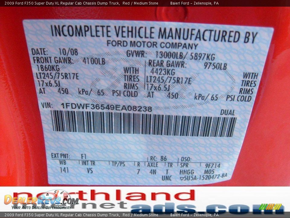 2009 Ford F350 Super Duty XL Regular Cab Chassis Dump Truck Red / Medium Stone Photo #10