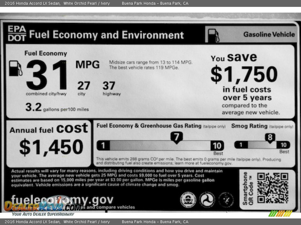 2016 Honda Accord LX Sedan White Orchid Pearl / Ivory Photo #17