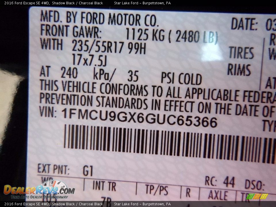 2016 Ford Escape SE 4WD Shadow Black / Charcoal Black Photo #16