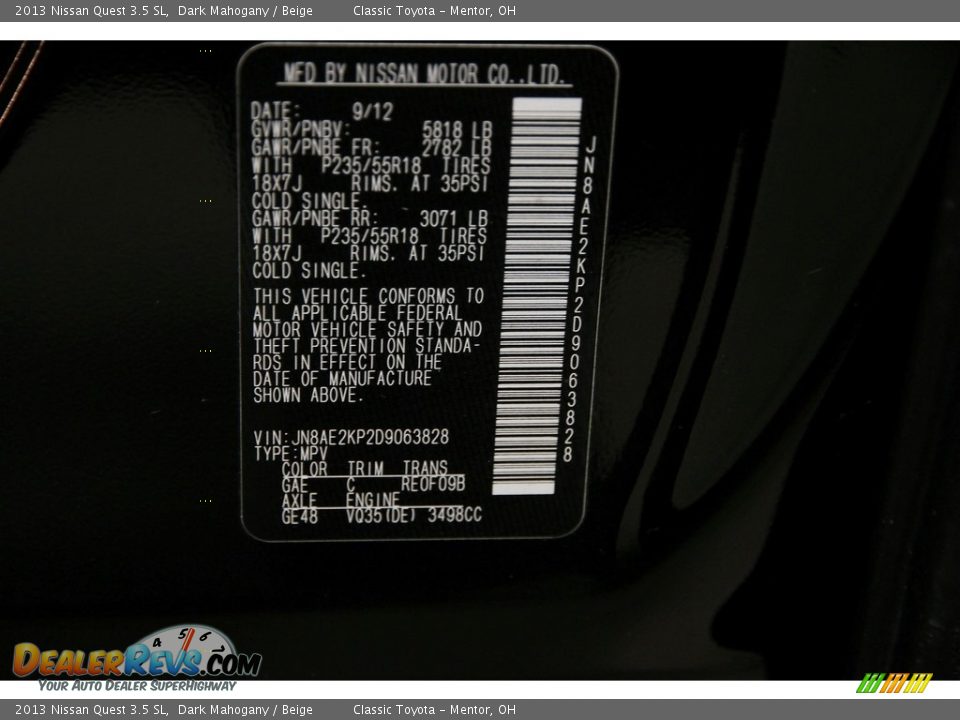2013 Nissan Quest 3.5 SL Dark Mahogany / Beige Photo #26