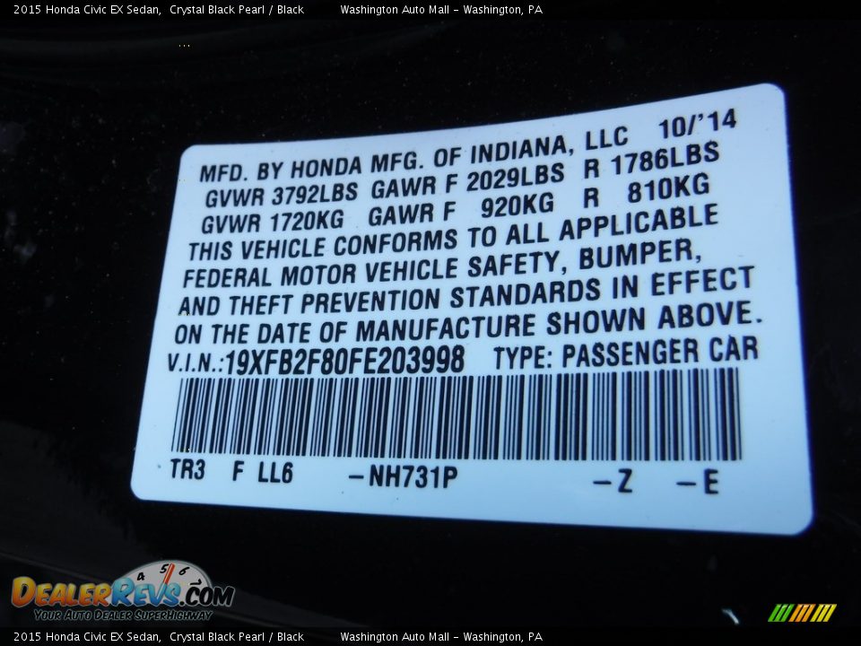 2015 Honda Civic EX Sedan Crystal Black Pearl / Black Photo #23