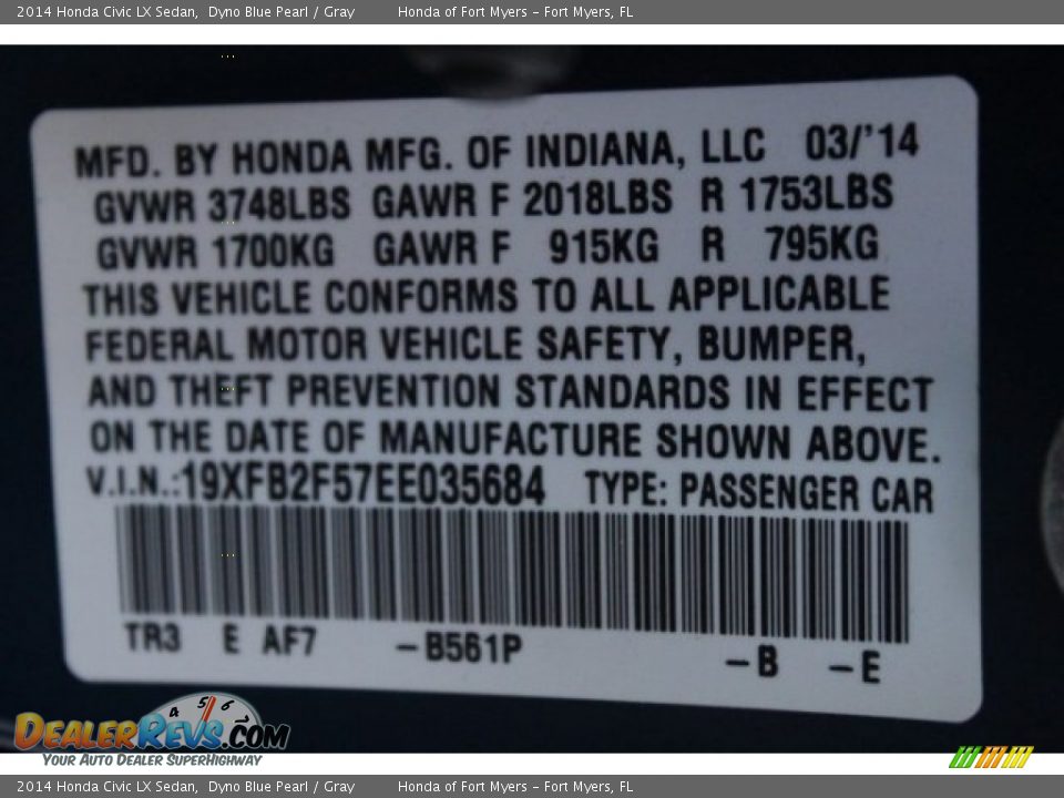 2014 Honda Civic LX Sedan Dyno Blue Pearl / Gray Photo #34