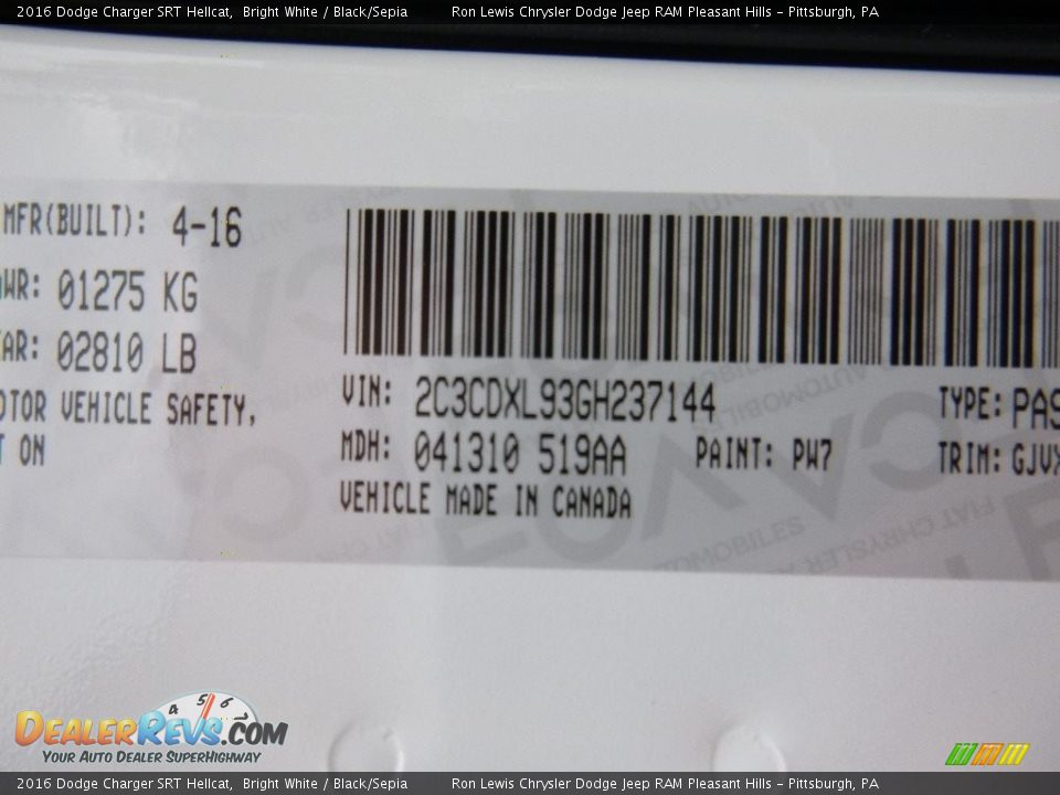 2016 Dodge Charger SRT Hellcat Bright White / Black/Sepia Photo #16