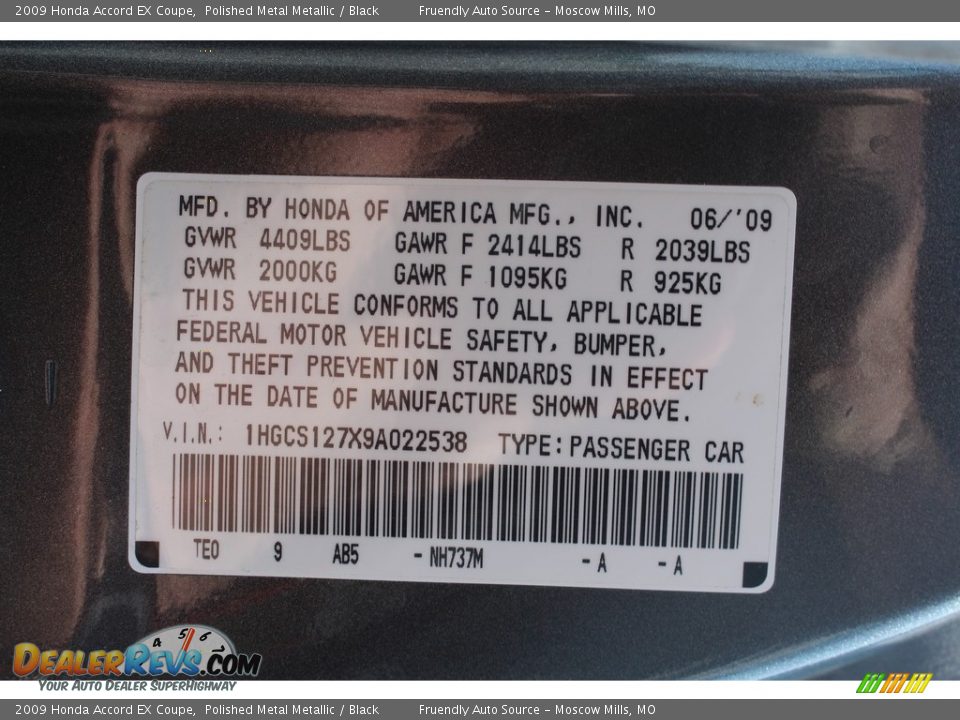 2009 Honda Accord EX Coupe Polished Metal Metallic / Black Photo #23