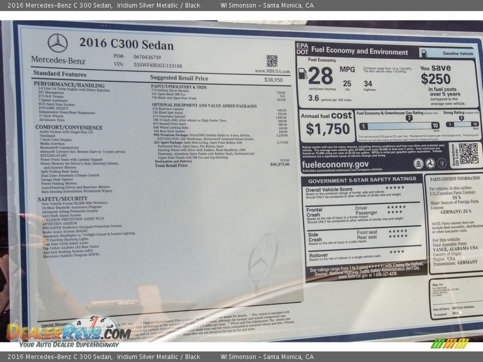 2016 Mercedes-Benz C 300 Sedan Iridium Silver Metallic / Black Photo #11