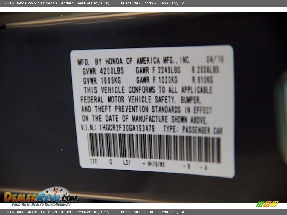 2016 Honda Accord LX Sedan Modern Steel Metallic / Gray Photo #19