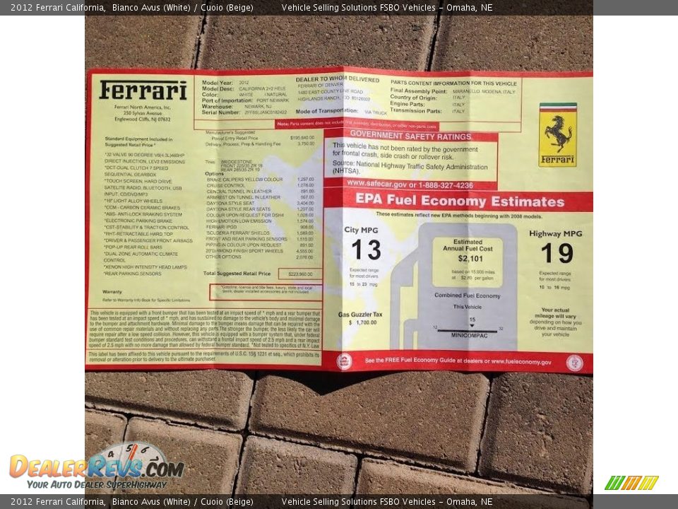 2012 Ferrari California  Window Sticker Photo #9