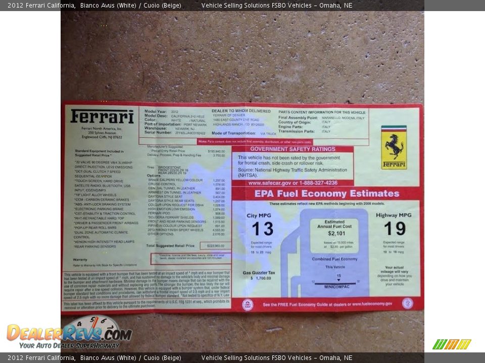 2012 Ferrari California  Window Sticker Photo #10