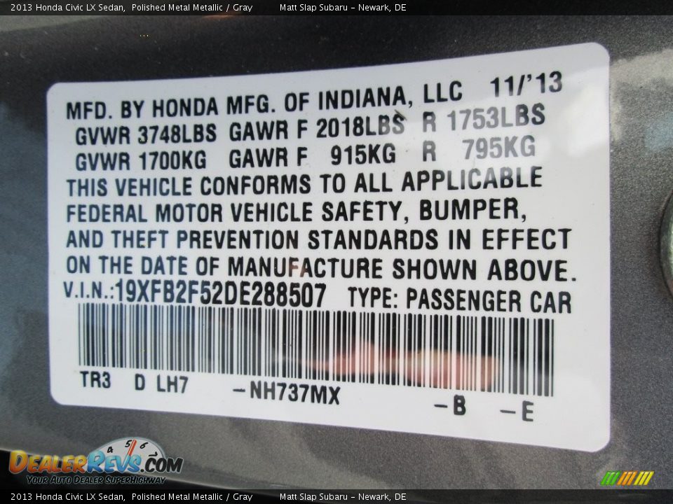2013 Honda Civic LX Sedan Polished Metal Metallic / Gray Photo #28