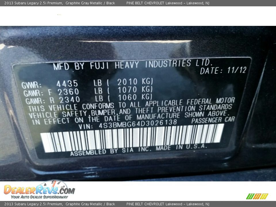 2013 Subaru Legacy 2.5i Premium Graphite Gray Metallic / Black Photo #17