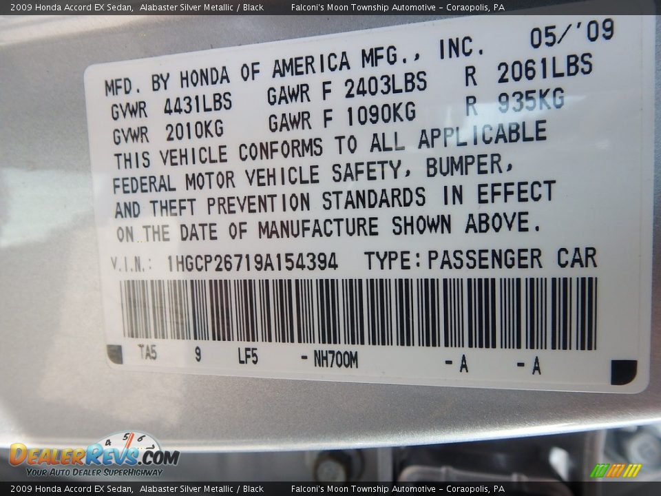 2009 Honda Accord EX Sedan Alabaster Silver Metallic / Black Photo #24