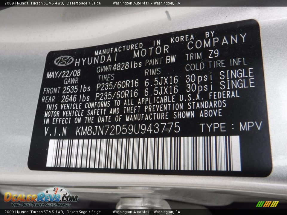 2009 Hyundai Tucson SE V6 4WD Desert Sage / Beige Photo #24