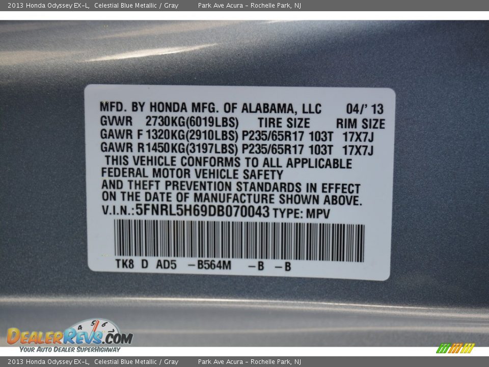 2013 Honda Odyssey EX-L Celestial Blue Metallic / Gray Photo #34