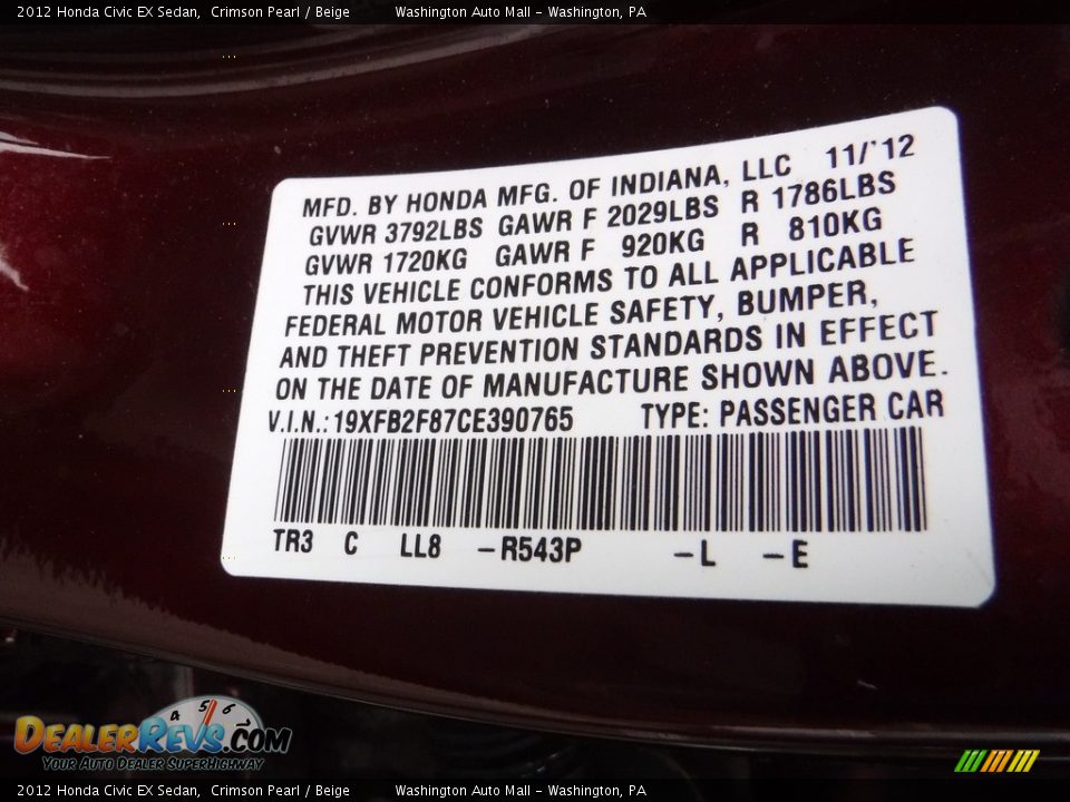 2012 Honda Civic EX Sedan Crimson Pearl / Beige Photo #21