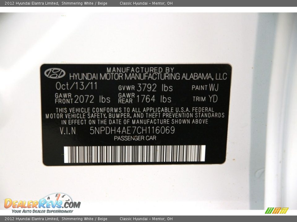 2012 Hyundai Elantra Limited Shimmering White / Beige Photo #20