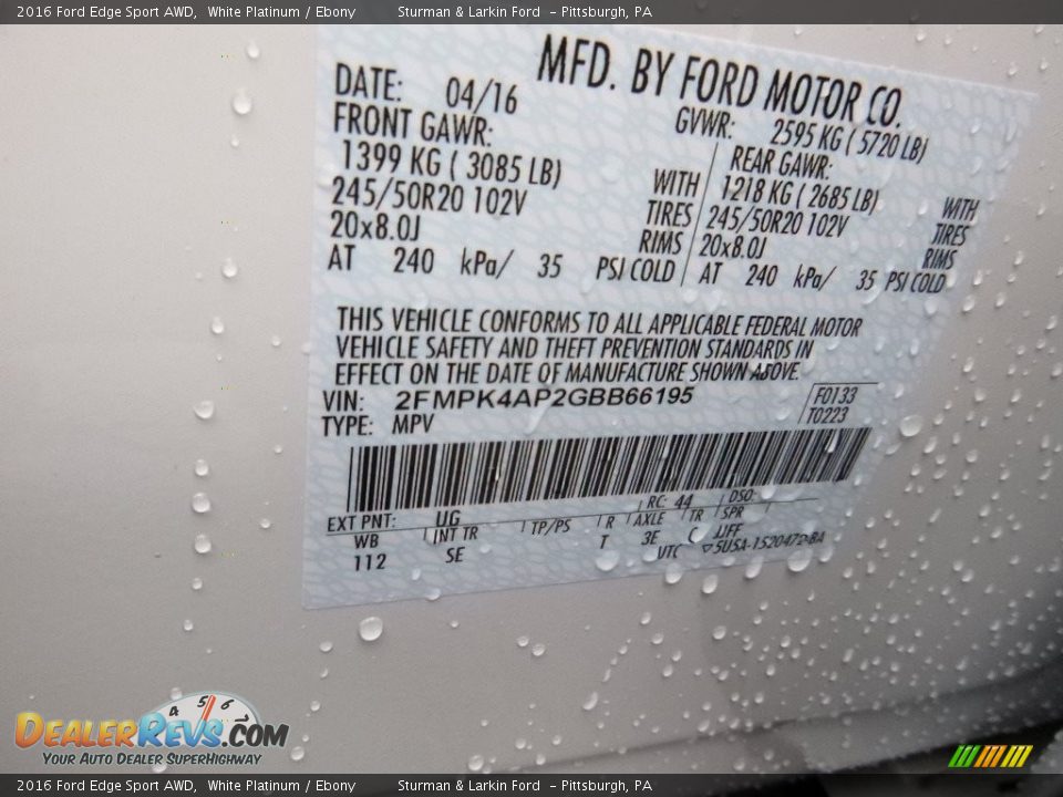 2016 Ford Edge Sport AWD White Platinum / Ebony Photo #10