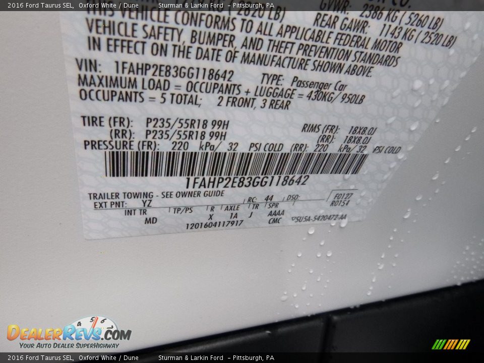 2016 Ford Taurus SEL Oxford White / Dune Photo #10