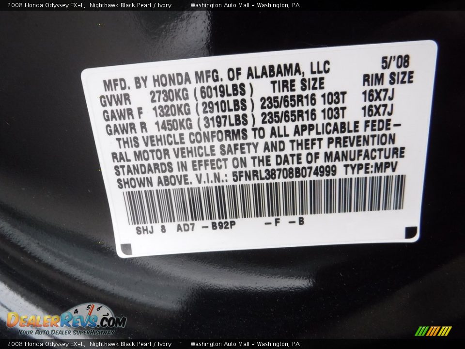 2008 Honda Odyssey EX-L Nighthawk Black Pearl / Ivory Photo #24