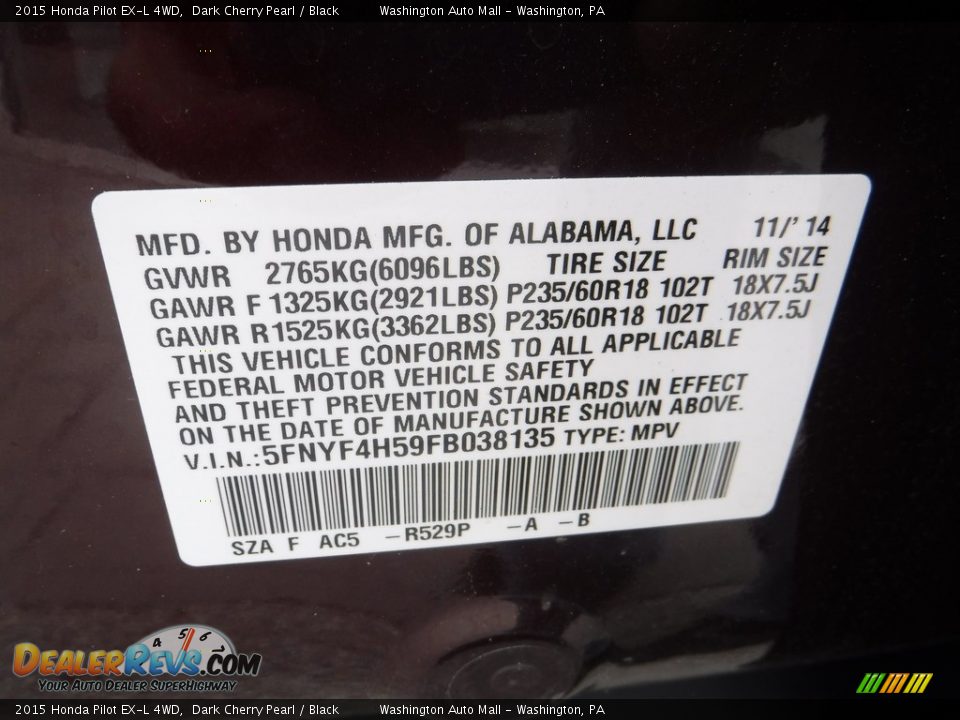 2015 Honda Pilot EX-L 4WD Dark Cherry Pearl / Black Photo #24