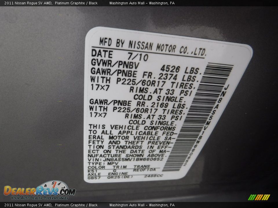 2011 Nissan Rogue SV AWD Platinum Graphite / Black Photo #24