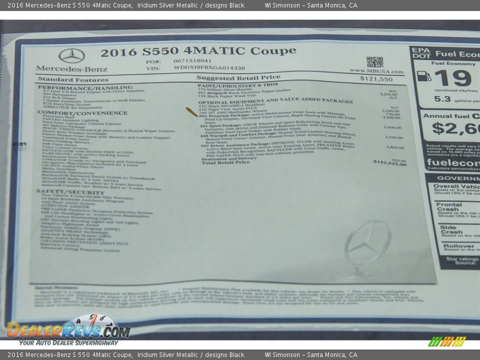 2016 Mercedes-Benz S 550 4Matic Coupe Window Sticker Photo #11