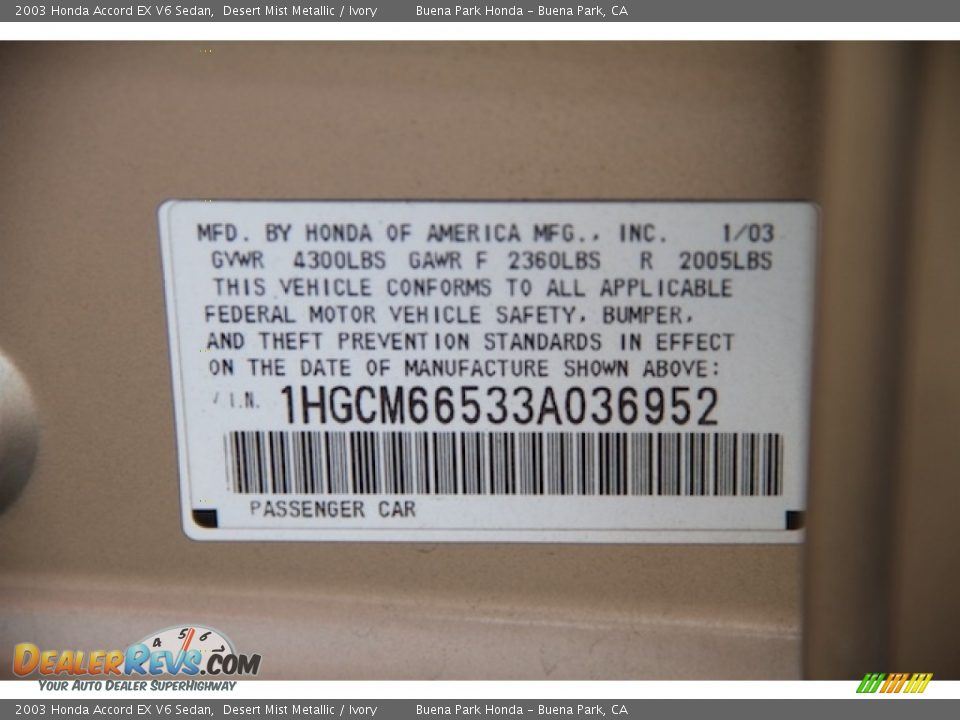 2003 Honda Accord EX V6 Sedan Desert Mist Metallic / Ivory Photo #30