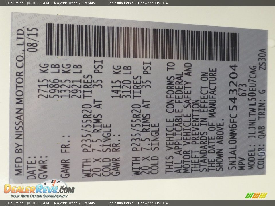 2015 Infiniti QX60 3.5 AWD Majestic White / Graphite Photo #18