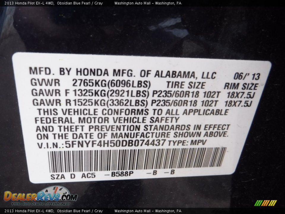 2013 Honda Pilot EX-L 4WD Obsidian Blue Pearl / Gray Photo #21