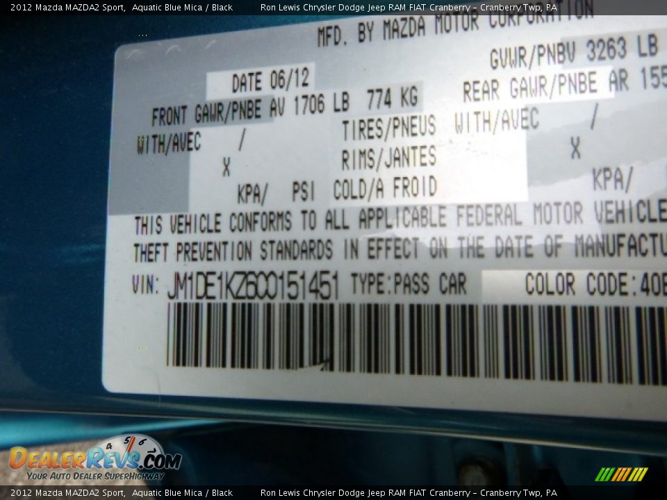 2012 Mazda MAZDA2 Sport Aquatic Blue Mica / Black Photo #15