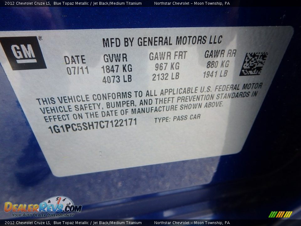 2012 Chevrolet Cruze LS Blue Topaz Metallic / Jet Black/Medium Titanium Photo #14