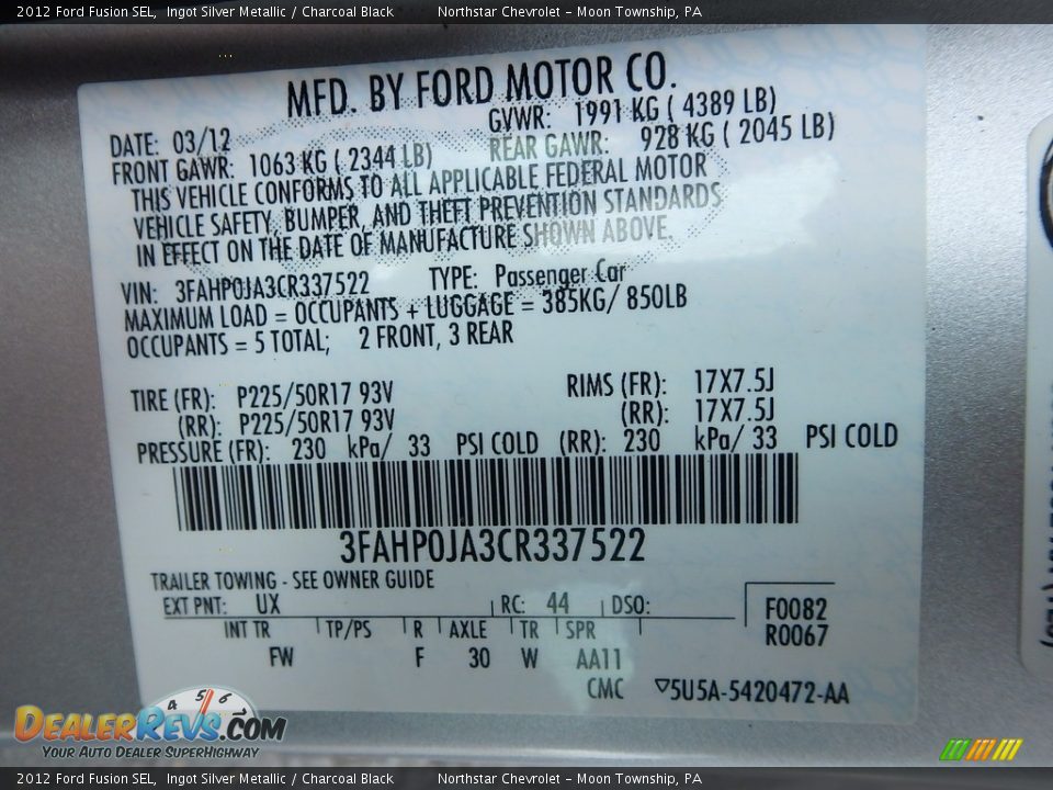 2012 Ford Fusion SEL Ingot Silver Metallic / Charcoal Black Photo #29