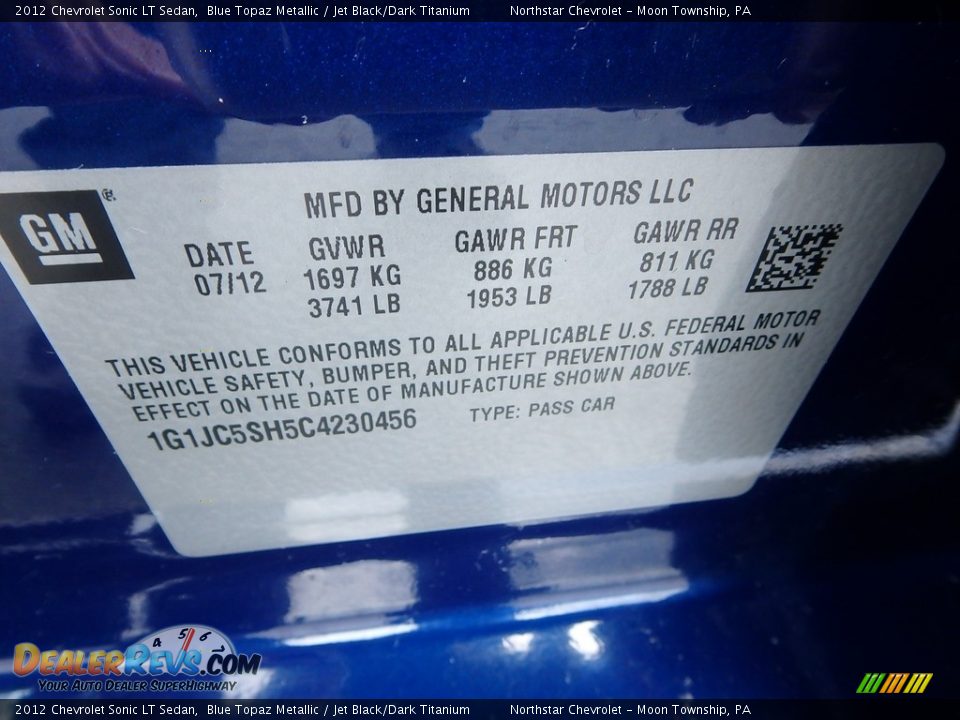 2012 Chevrolet Sonic LT Sedan Blue Topaz Metallic / Jet Black/Dark Titanium Photo #29