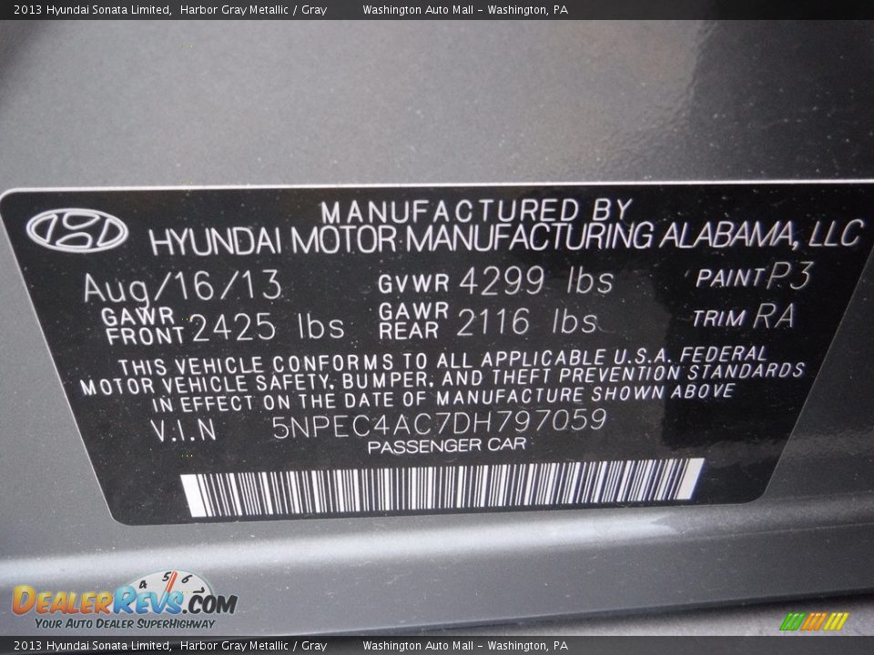 2013 Hyundai Sonata Limited Harbor Gray Metallic / Gray Photo #24