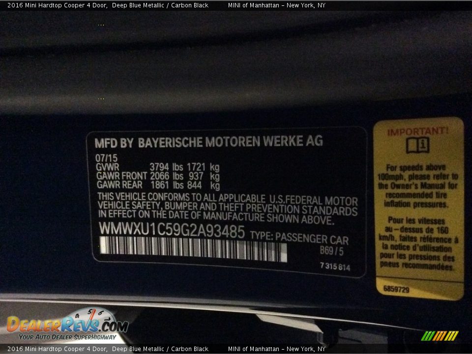 2016 Mini Hardtop Cooper 4 Door Deep Blue Metallic / Carbon Black Photo #20