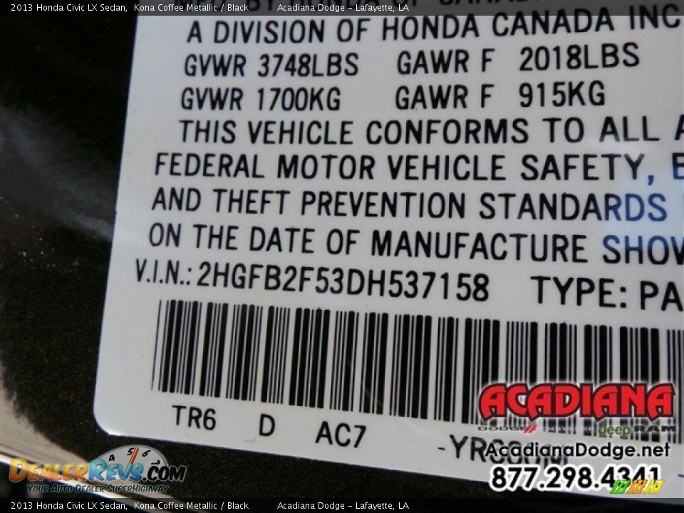 2013 Honda Civic LX Sedan Kona Coffee Metallic / Black Photo #15