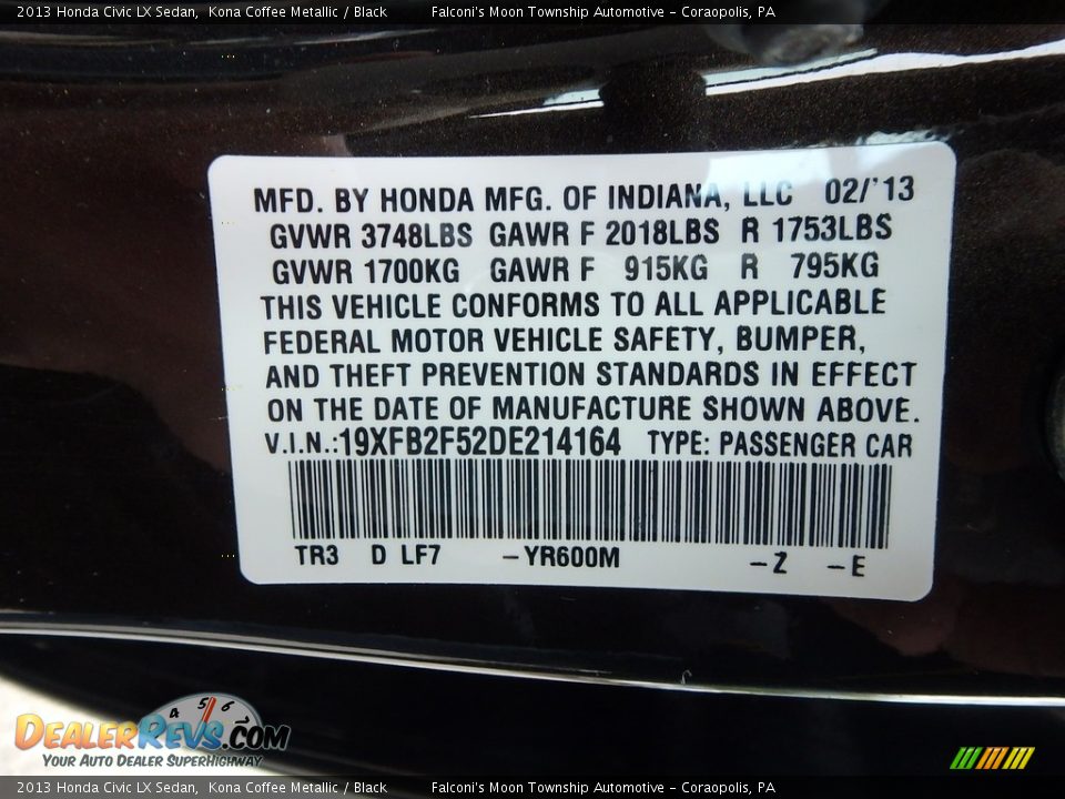 2013 Honda Civic LX Sedan Kona Coffee Metallic / Black Photo #24