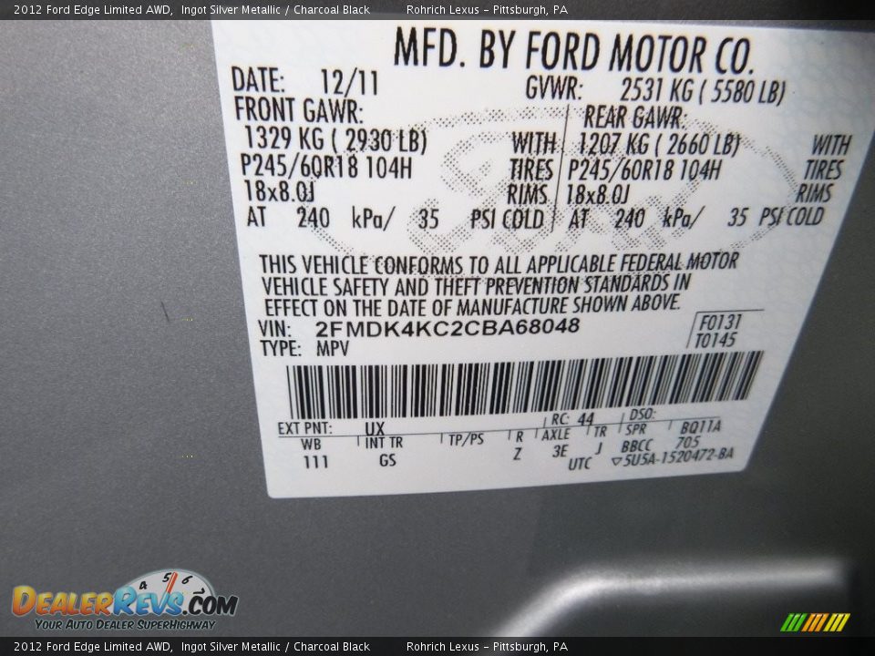 2012 Ford Edge Limited AWD Ingot Silver Metallic / Charcoal Black Photo #25