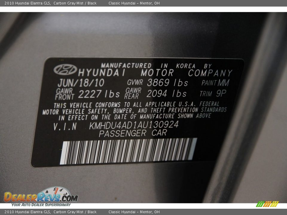 2010 Hyundai Elantra GLS Carbon Gray Mist / Black Photo #16