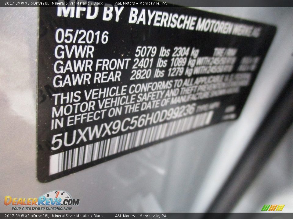 2017 BMW X3 xDrive28i Mineral Silver Metallic / Black Photo #20